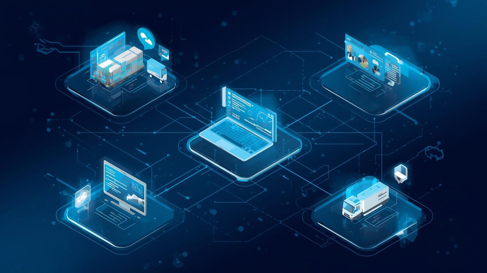 Supply chain management software dashboard showing inventory tracking and logistics planning